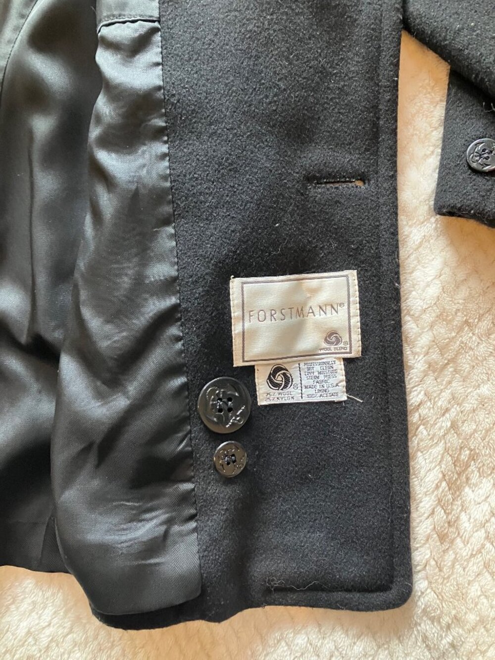 Vintage John Weitz Forstmann Wool Peacoat Mens 46 Black Double Breasted Nautical - Picture 10 of 15